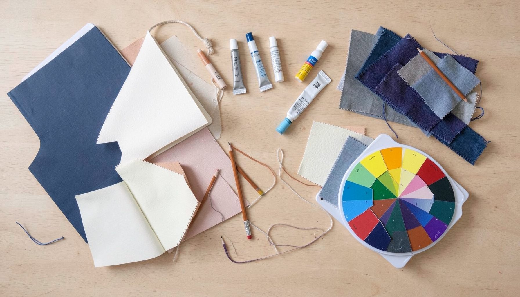 Overhead flat-lay of art and design materials — sketchbooks, paint tubes, pencils, fabric swatches, and a colour wheel arranged on a light wooden desk