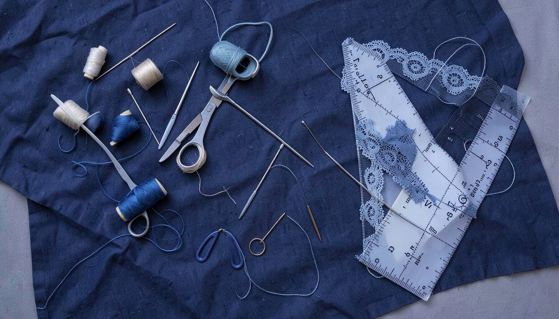 Overhead flat-lay of costume-making tools — needles, thread spools, lace trim, and a pattern-cutting ruler on dark linen.