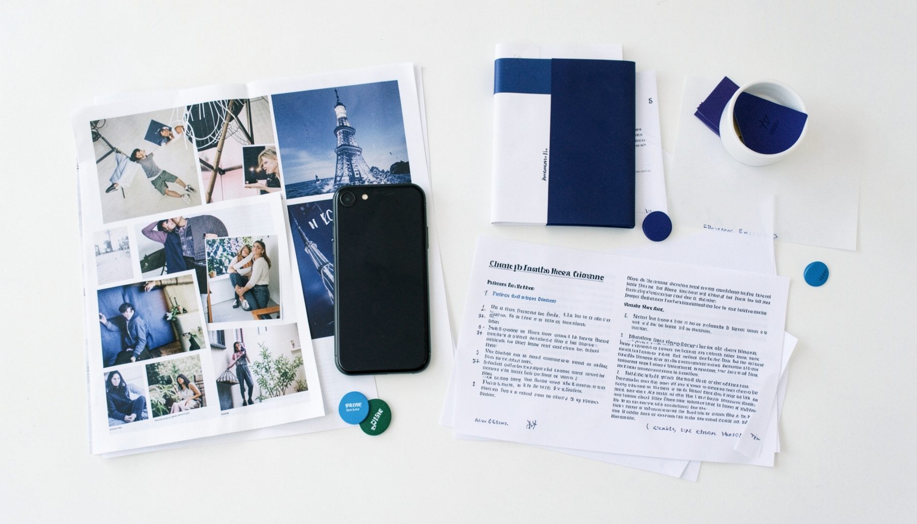 Overhead flat-lay of a mood board with magazine clippings, a smartphone, press release drafts, and Pantone chips on a bright desk
