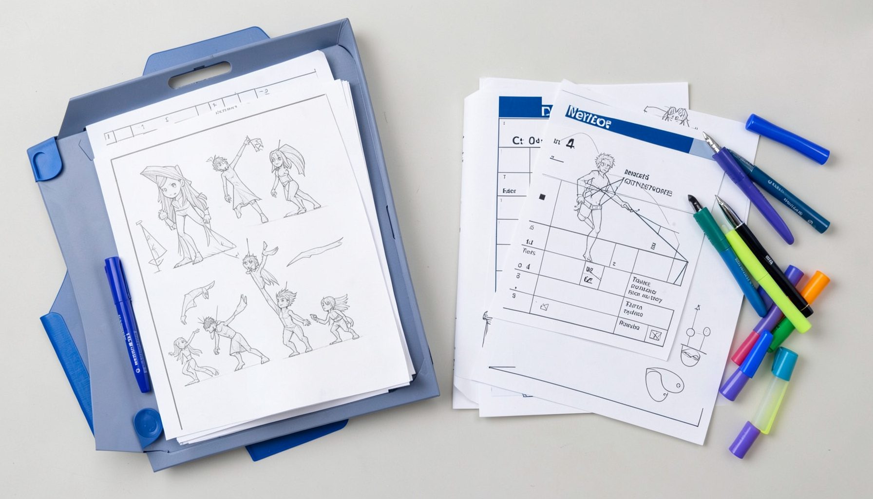 Animation lightbox with pencil sketches, a storyboard panel, and coloured markers in a bright creative workspace