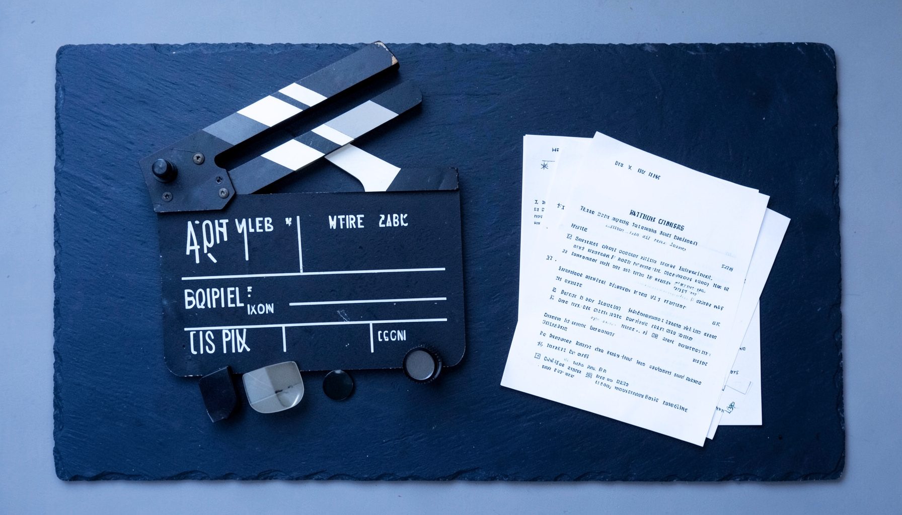 Overhead flat-lay of a film clapperboard, lens filters, a small LED panel, and script pages on a dark slate surface