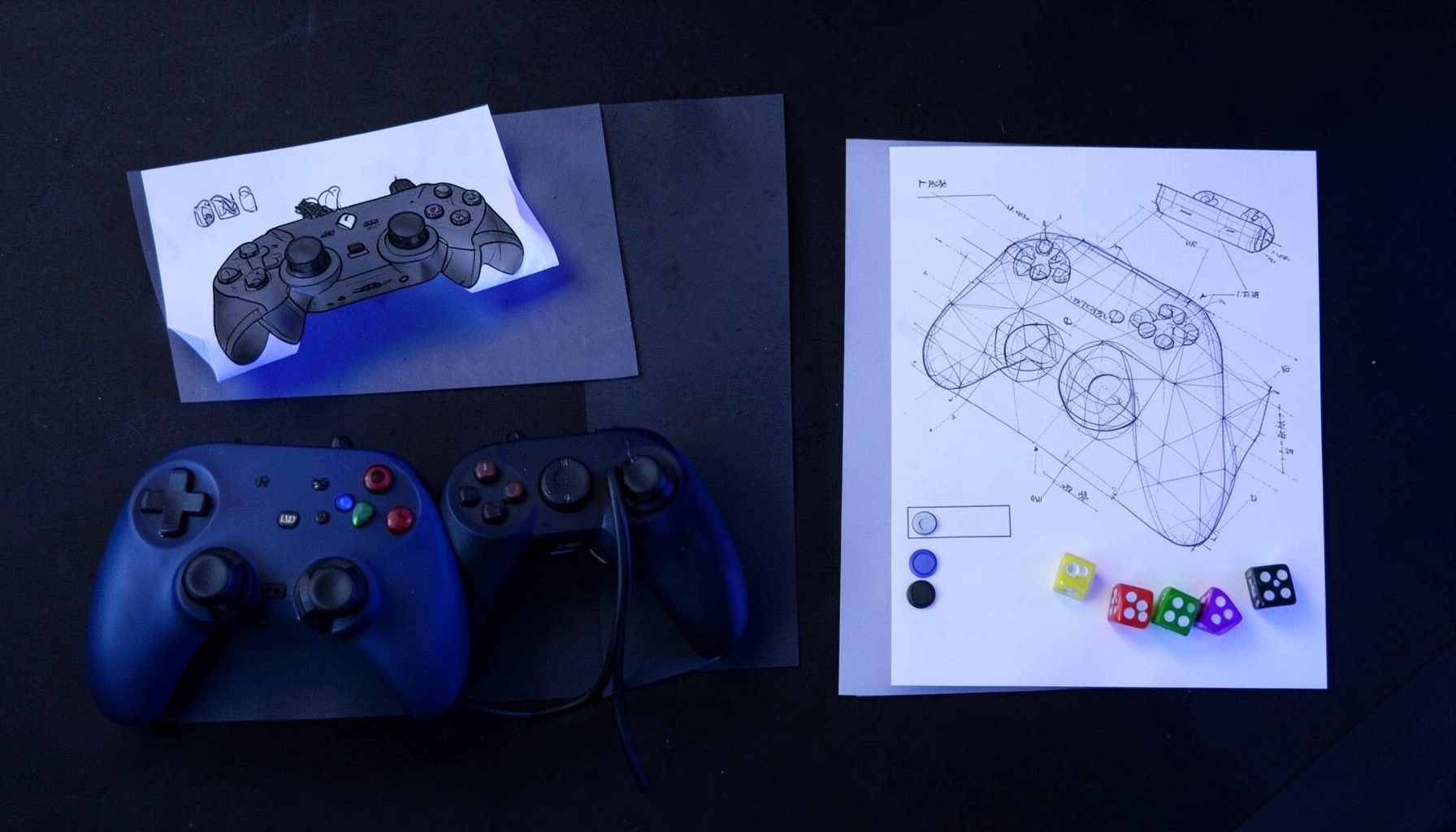Overhead flat-lay of a game controller, concept art sketches, a wireframe UI printout, and coloured dice on a dark desk