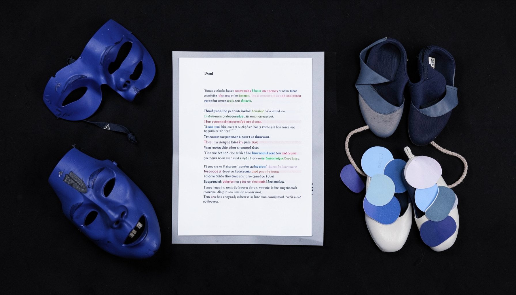 Overhead flat-lay of theatre masks, a script with highlighted lines, dance shoes, and stage-lighting gel swatches on a black background