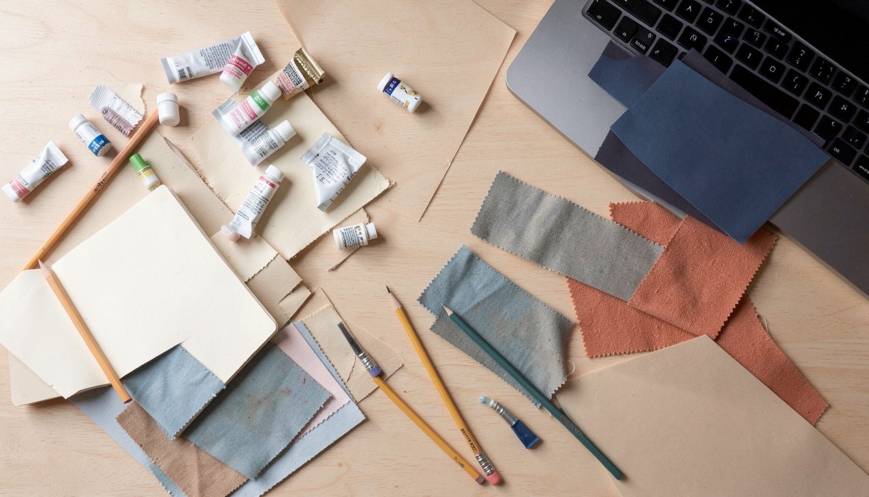 Overhead flat-lay photograph of art and design materials scattered across a light wooden desk: paint tubes, sketchbooks, pencils, and colour swatches in a creative arrangement.