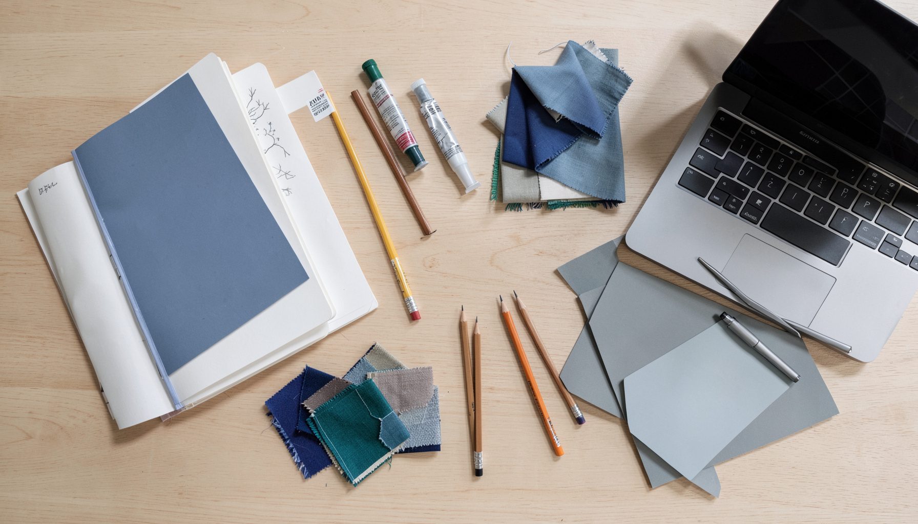 Overhead flat-lay of art and design materials — sketchbooks, paint tubes, pencils, fabric swatches, and a colour wheel — arranged across a light wooden desk.