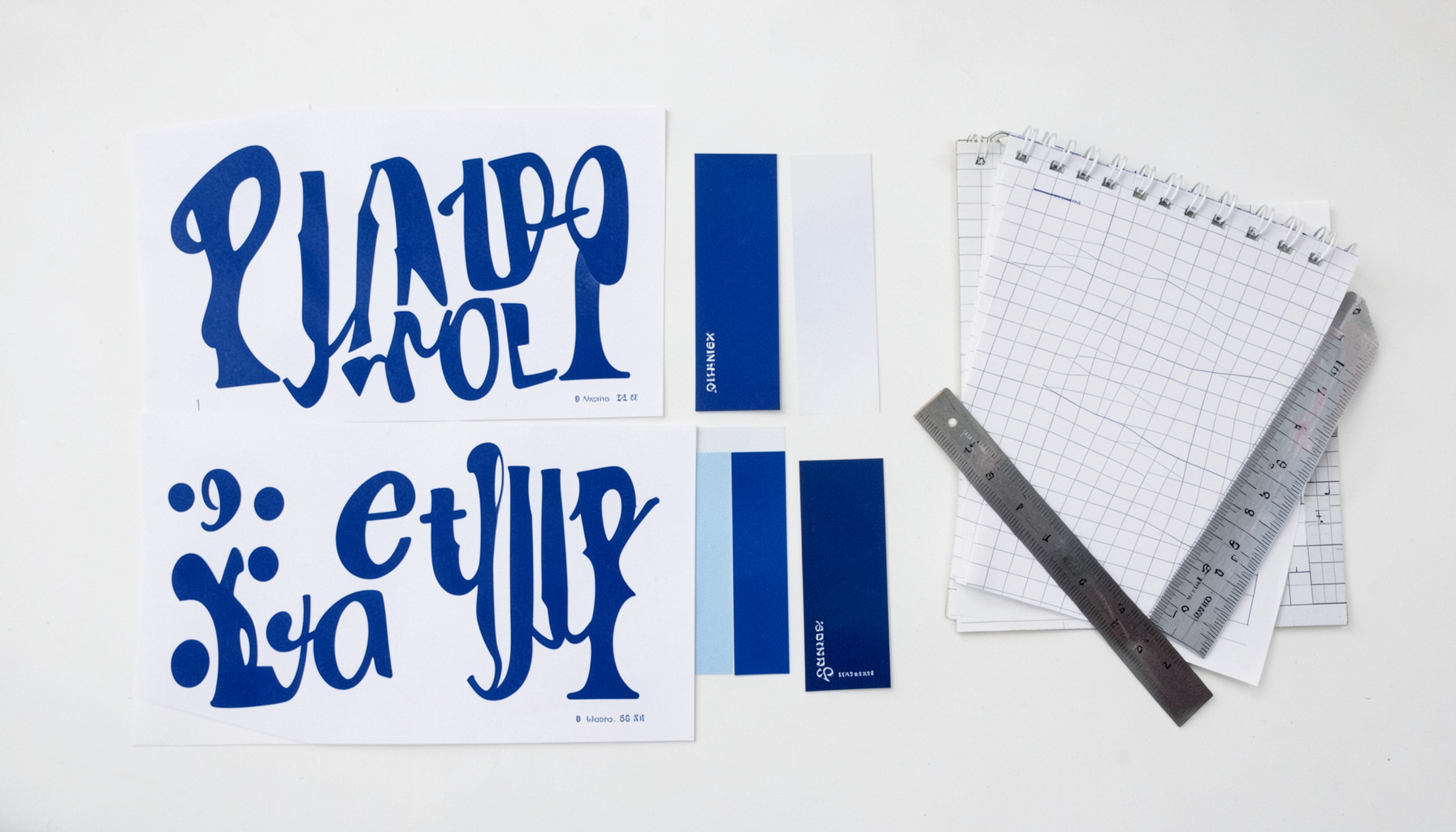Overhead flat-lay of typography specimens, Pantone swatches, a gridded sketchpad, and a metal ruler on a clean white desk