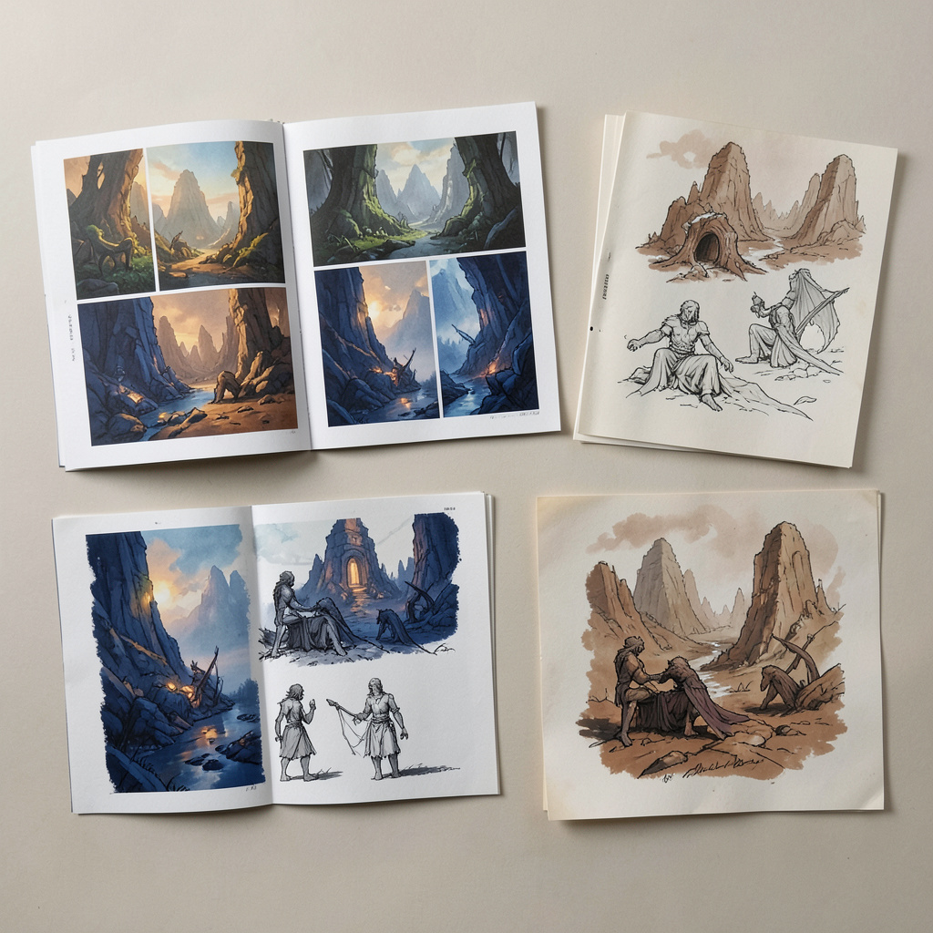 Concept art pages showing fantasy environment thumbnails and ink brush studies in warm earthy tones